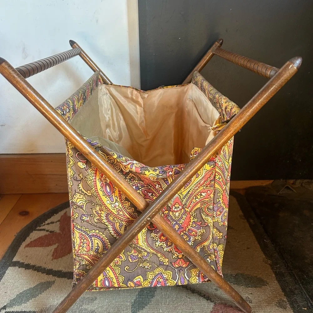 Vintage Boho Yarn Caddy Wooden Cotton Paisley Carryall